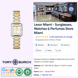A Tory Burch Watches THE KIRA SQUARE Women TBW6021 is shown next to a Google business profile for Lexor Miami, a retailer of sunglasses, designer women’s watches, and perfumes, displaying photos, contact details, ratings, and certification badges.