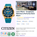 A Citizen BN0162-02X Eco-Drive Silver Stainless Steel Strap Men’s Watch by Citizen Watches is shown next to a Google business listing for Lexor Miami, which sells sunglasses and perfumes with store photo, ratings, hours, phone, and location.