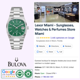 A Bulova Watch Super Seville 96B439 Men by Bulova Watches featuring a green face is pictured next to a Google business profile for Lexor Miami, a Miami store selling sunglasses, watches, and perfumes, showing interior photos, reviews, and contact info.