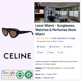 A digital collage showcases Celine Sunglasses CL40286I 5301E Men (UPC 192337171482), the Celine brand logo, and a Miami Google listing for Lexor—an Authorized Dealer featuring a 5-star rating, store interior photo, contact info, and top reviews.