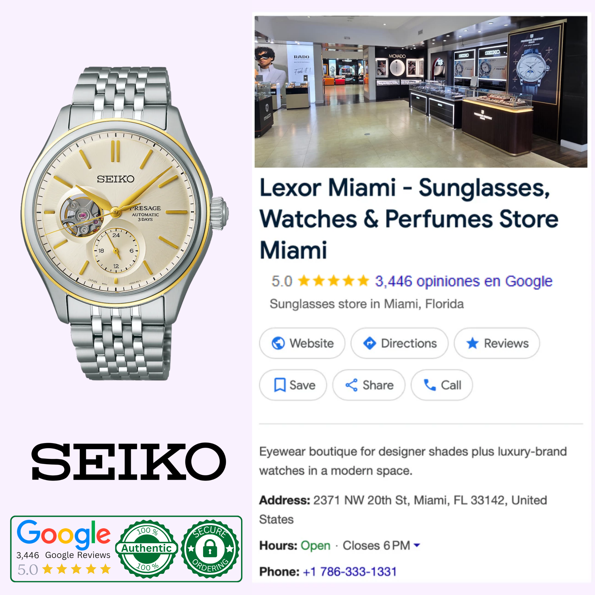 On the left is the Seiko Luxe Watches Presage Classic Series SPB480, a fine Japanese mechanical timepiece. On the right, a Google business listing for Lexor Miami displays photos, hours, location, contact details, and Google reviews.