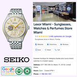 On the left is the Seiko Luxe Watches Presage Classic Series SPB480, a fine Japanese mechanical timepiece. On the right, a Google business listing for Lexor Miami displays photos, hours, location, contact details, and Google reviews.