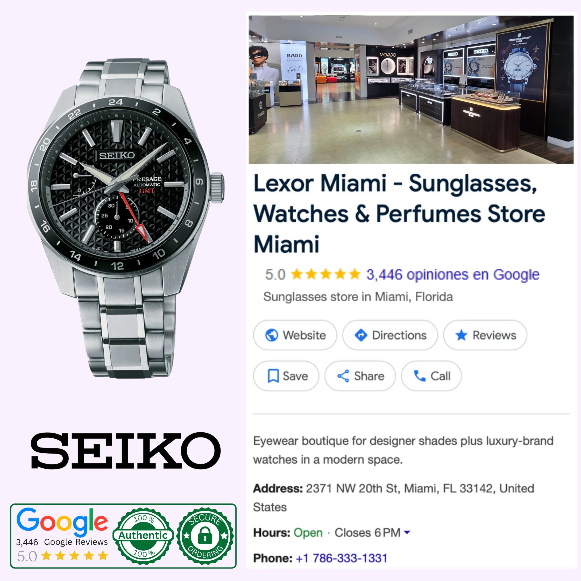 A Seiko Luxe Watches PRESAGE SHARP-EDGED SERIES GMT SPB221 is displayed next to Lexor Miami’s Google business profile, a boutique with a 5-star rating that sells sunglasses, watches, and perfumes and showcases store photos and contact info.