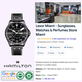 A Hamilton Watches Khaki Aviation Pilot Auto Day Date Men Watch H64785835 with a black leather strap is shown beside a Google listing for Lexor Miami, a sunglasses and perfumes store, displaying the store’s interior, address, hours, and reviews.