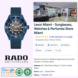 A Rado Watches Captain Cook High-Tech Ceramic Skeleton R32153209 is shown beside a Google listing for Lexor Miami, a store offering sunglasses, watches, perfumes, with a 5-star rating and store details displayed.