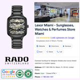 A Rado Watches True Square Automatic Skeleton R27197152, a Swiss automatic skeleton watch in black high-tech ceramic, is shown beside the Google listing for Lexor Miami, a luxury sunglasses, watches, and perfumes store with details and reviews displayed.