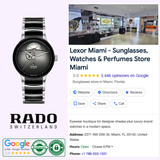 A Rado Watches R30012152 Centrix Automatic Open Heart with an 80-hour power reserve sits on a pink background next to a Google business listing for Lexor Miami, a store for sunglasses, watches, and perfumes, showing its rating and contact info.