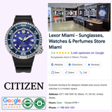 A Citizen Watches Promaster Dive E365 BN1025-08L with a blue dial is displayed on the left. On the right, a Google listing shows Lexor Miami sunglasses, watches & perfumes store with an interior photo and business details.