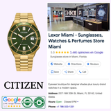 Citizen Watches TSUYOSA Shore NJ0232-53X in yellow gold-tone stainless steel with green dial, shown next to a Google listing for Lexor Miami—a 5-star sunglasses and watch store—with Citizen logo, certification badges, address, and store interior photo.