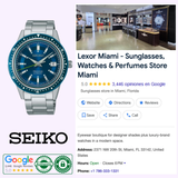On the left is a Seiko Luxe Watches Seiko Presage Luxe Automatic SARX081 Limited Edition, known for Japanese craftsmanship. On the right, a Google listing for Lexor Miami shows store images, ratings, contact info, and location details.