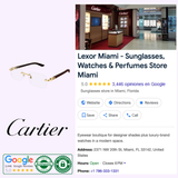 Collage featuring Cartier Optical CT0453O-006 56 Men (UPC: 843023175733) sunglasses and logo, a Google listing for Lexor Miami—top men’s eyeglasses spot—with 3,446 reviews, contact info, hours, plus multiple certification badges.