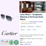 Collage featuring Cartier CT0230S 004 59 Men Metal Sunglass, a Cartier store interior, Lexor Miami’s address, hours, Google reviews, authenticity badges, and Cartier Sunglasses logo in the corner.