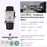 On the left, a Frederique Constant Carrée Moonphase Automatic FC-333S4C6 watch with a black leather strap; on the right, a Google listing for Lexor Miami sunglasses and watch store with photos, ratings, address, and contact info.