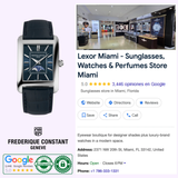 Frederique Constant Carrée Moonphase Automatic FC-333N4C6 wristwatch with blue leather strap on the left; on the right, Google listing for "Lexor Miami" sunglasses and watch shop with interior photo, contact info, and ratings.