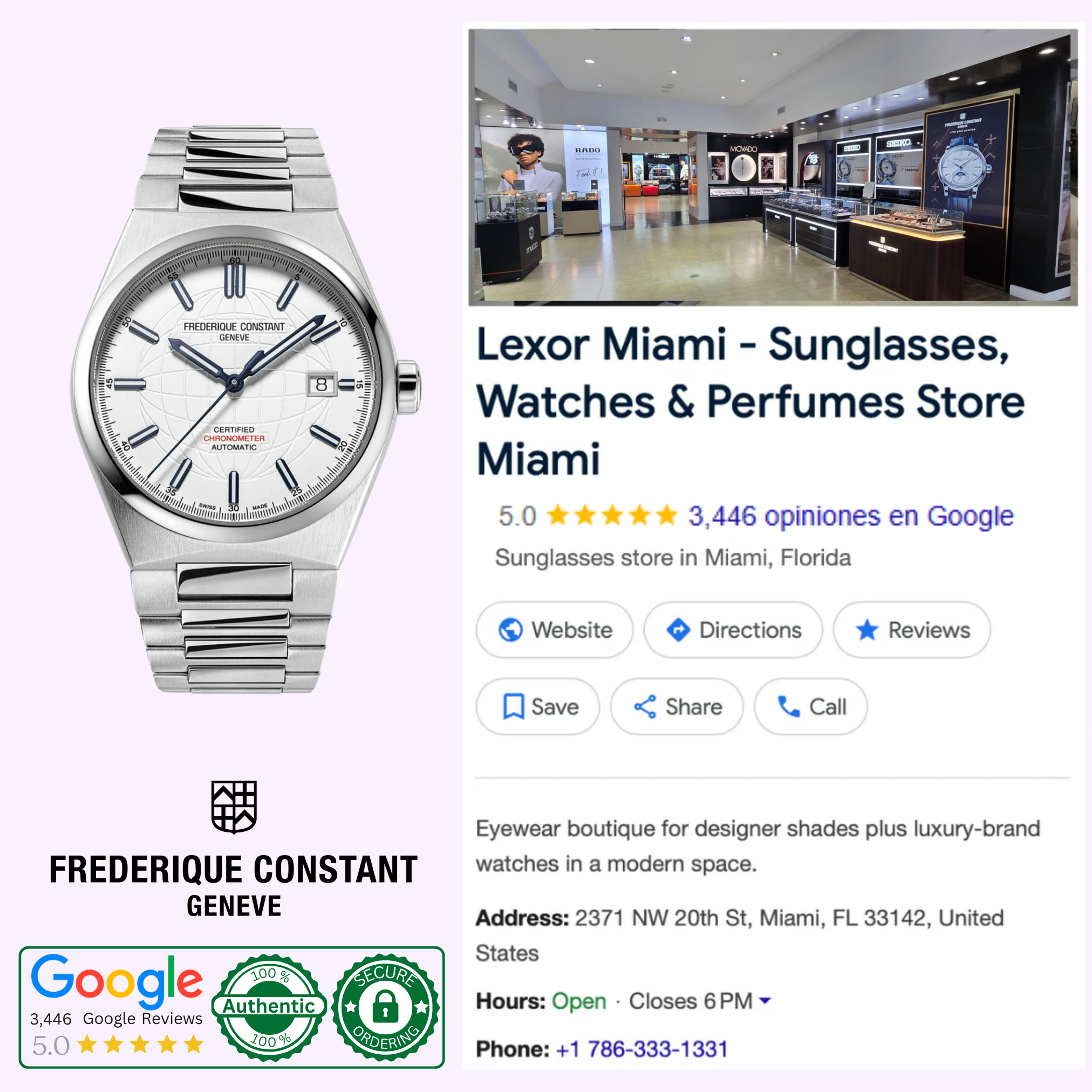 A Frederique Constant Highlife Automatic COSC FC-303S3NH26B wristwatch is pictured next to a Google business listing for Lexor Miami, a luxury store offering watches, sunglasses, and perfumes, with ratings and contact info shown.