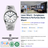 A Frederique Constant Highlife Automatic COSC FC-303S3NH26B wristwatch is pictured next to a Google business listing for Lexor Miami, a luxury store offering watches, sunglasses, and perfumes, with ratings and contact info shown.