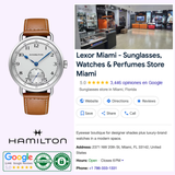 A Hamilton Khaki Navy Pioneer Mechanical Men Watch H78719553 by Hamilton Watches with a brown leather strap is displayed next to a Google listing for Lexor Miami, a luxury retailer for sunglasses, watches, and perfumes with ratings and reviews.