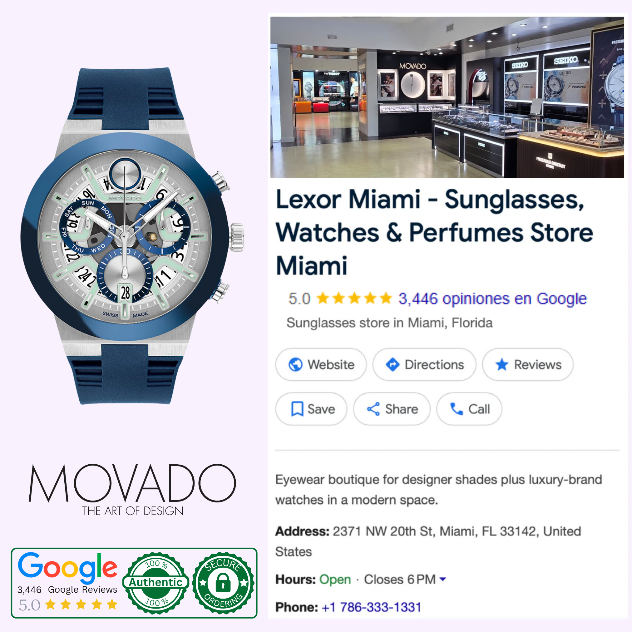On the left is a MOVADO WATCHES BOLD Fusion Chronograph 3601240 men’s Swiss watch by Movado Watches. On the right is a Google business listing for Lexor Miami, selling sunglasses, watches, and perfumes with photos, reviews, and contacts.