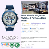 On the left is a MOVADO WATCHES BOLD Fusion Chronograph 3601240 men’s Swiss watch by Movado Watches. On the right is a Google business listing for Lexor Miami, selling sunglasses, watches, and perfumes with photos, reviews, and contacts.