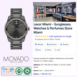Promotional image for Lexor Miami featuring the Movado Watches 3600860 BOLD Verso men's watch in grey stainless steel, store interior, business info (address, phone, Google 5-star rating/3,446 reviews), hours, and an "Authentic" badge.