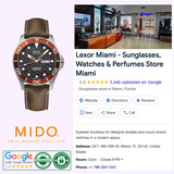 A collage featuring the Mido Watches Ocean Star 200C M0424301605100 automatic dive watch with brown strap, Mido Watches logo, authenticity badges, and Lexor Miami’s Google listing with photos, rating, address, and contact info. 200m water resistant.