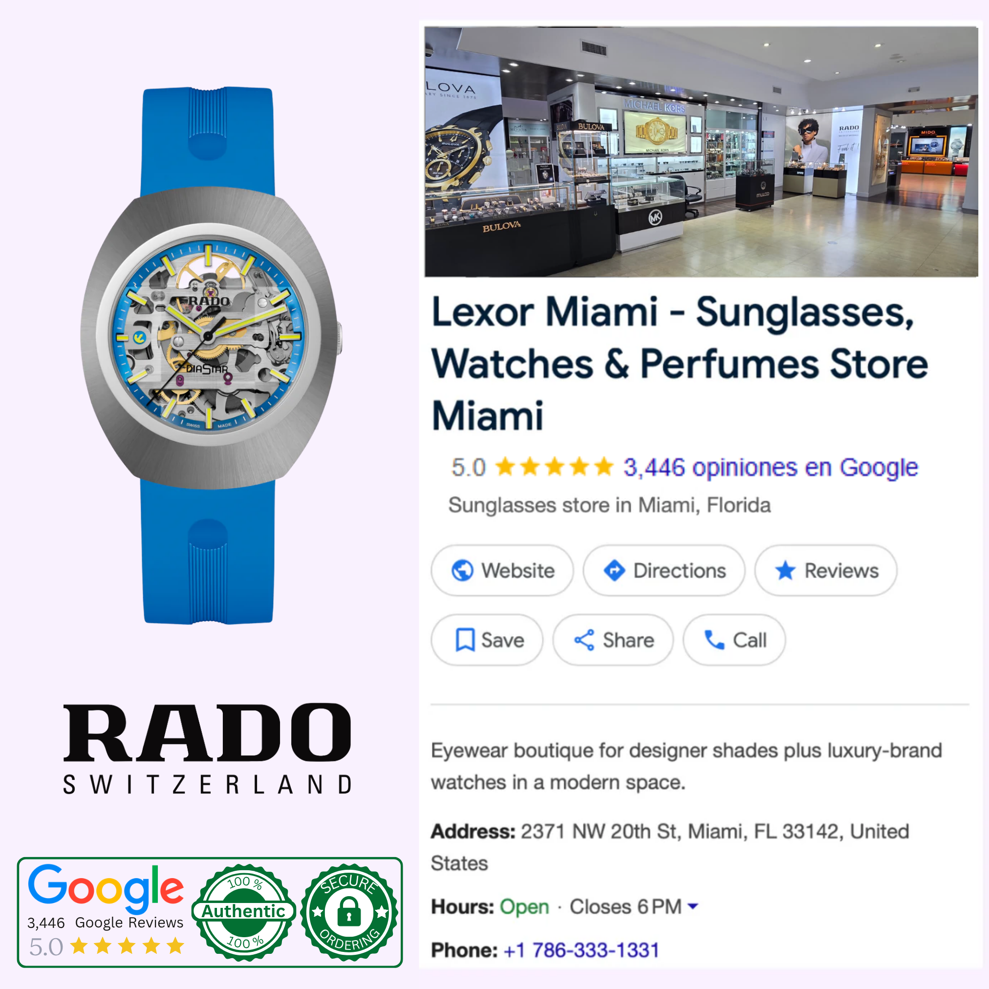 Image featuring the blue Rado Watches DiaStar Original Skeleton Limited Edition R12169209 with Swiss automatic movement, plus the Google listing for Lexor Miami store showing sunglasses, watches, reviews, hours, and authentication logos.