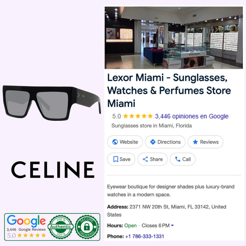 Celine sunglasses collage with Lexor Miami storefront, Celine logo, and 5-star Google reviews