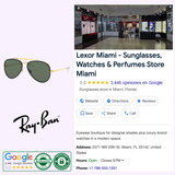 The Google listing for Lexor Miami shows a mall storefront, Ray-Ban Sunglasses logo, Ray-Ban RB3584N 905071 61 Blaze Aviator Unisex Sunglasses, reviews, address, phone number, business hours, and highlights eyewear, watches, and perfumes.