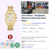 Image showcases the Michele MWW06A000780 Deco 18k Gold Diamond Dial Watch, Lexor Miami’s store interior, 5-star Google rating, contact info, address, Swiss chronograph features, Michele Watches logo, seals, and review icons.
