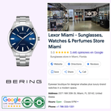 A Bering Watches Classic 19842-707, prized for its Scandinavian design, sits by a Google listing for Lexor Miami—a shop offering sunglasses, watches, and perfumes—with reviews and store details visible.