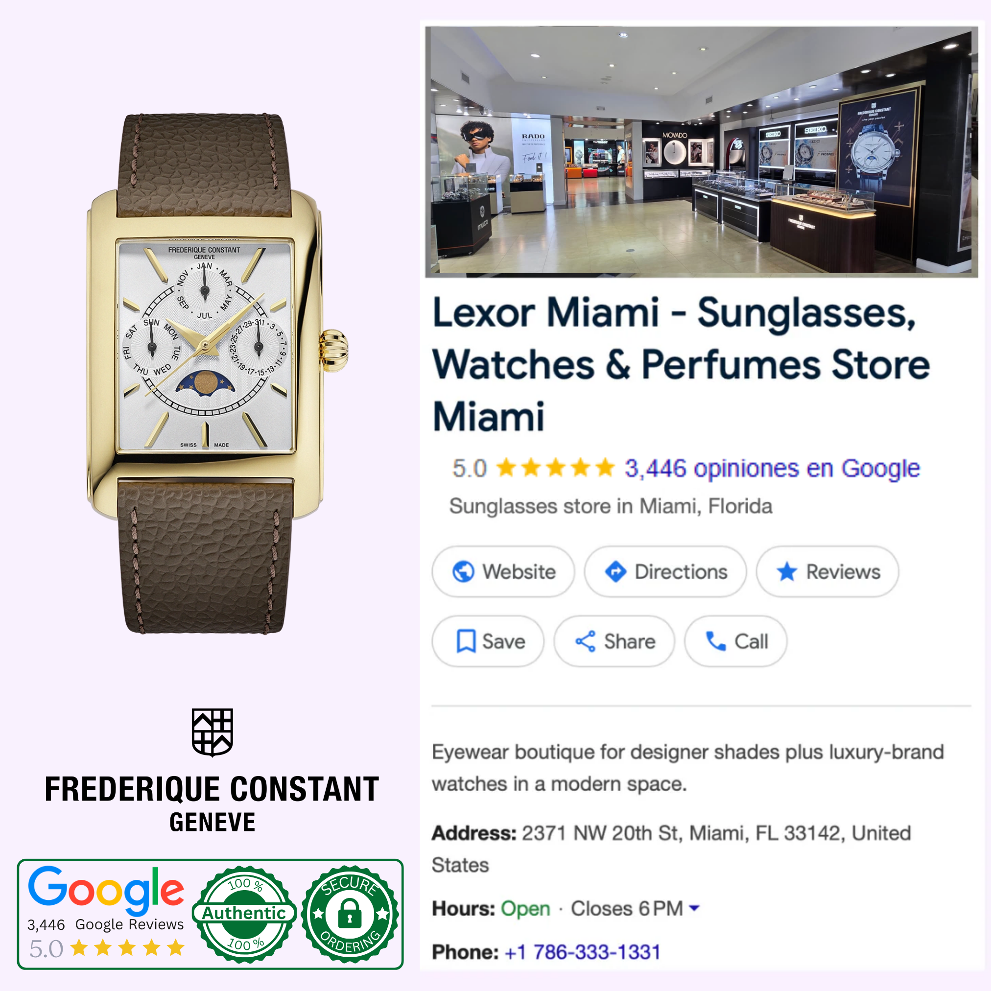 A Frederique Constant Carree Calendar Moonphase FC-265S4C5 gold rectangular watch with a brown leather strap is shown next to a Google listing for Lexor Miami, a sunglasses and watch store with photos, contact info, and positive reviews.