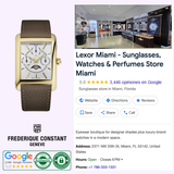 A Frederique Constant Carree Calendar Moonphase FC-265S4C5 gold rectangular watch with a brown leather strap is shown next to a Google listing for Lexor Miami, a sunglasses and watch store with photos, contact info, and positive reviews.