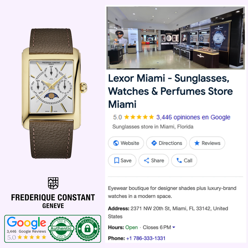 Frederique Constant FC-265S4C5 gold watch shown beside a Google Business listing for Lexor Miami with customer reviews and store photos