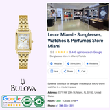 A Bulova Sutton 97L177 women's watch is shown near the Bulova Watches logo and a Google listing for Lexor Miami sunglasses and watches store, featuring high ratings, address, hours, contact info, and review badges.