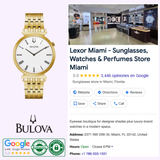 The Bulova 97A153 Regatta Gold Stainless Steel Strap Men’s Watch by Bulova Watches sits next to a Google profile for Lexor Miami, a luxury watch retailer rated 5 stars with visible contact info, hours, and location.