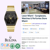 Promotional image for Lexor Miami showcases the gold Bulova 97A164 Unisex Stainless-Steel Watch, the store’s 5-star Google rating, showroom photo, and authenticity badges. Discover this stylish water-resistant timepiece from Bulova Watches today.