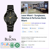 A Lexor Miami promo image showcases the Bulova 98R293 Millennia Modern Woman's Watch, Bulova Watches branding, a 5-star Google listing, store interior, location details, and badges for Google reviews and authenticity.