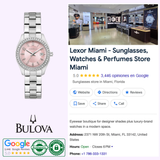 A Caravelle Watches By Bulova Dress Caravelle 43M123 watch (UPC: 042429600003) with a pink face, crystal bezel, and metal band is pictured next to a Google listing for Lexor Miami—a 5-star Miami store for sunglasses, watches, and perfumes.