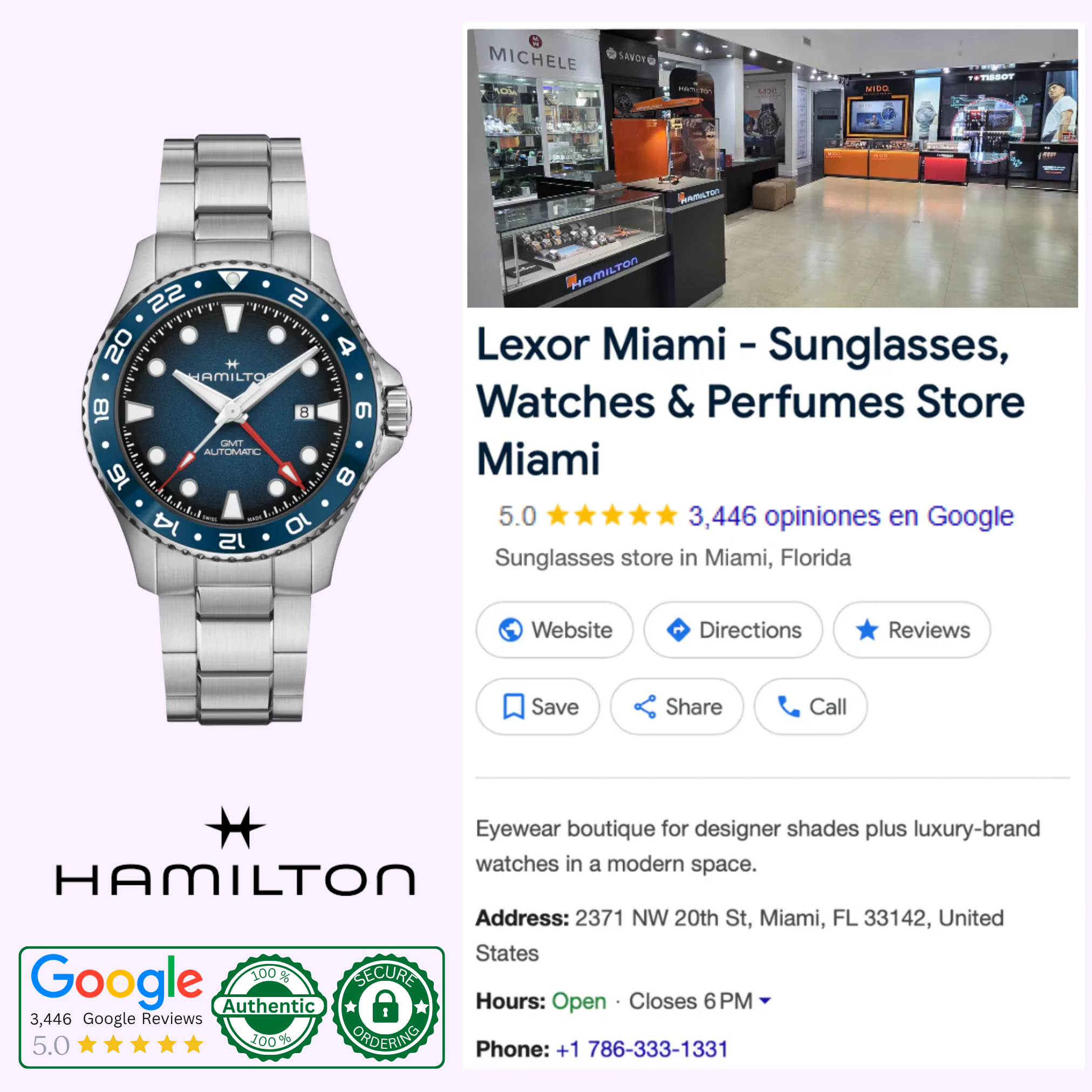 A Hamilton Watches Khaki Navy Scuba Auto GMT 43mm H82535140 is displayed alongside a Google listing for Lexor Miami, a sunglasses, watches, and perfume store known for its modern interiors and 5-star reviews.