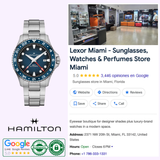 A Hamilton Watches Khaki Navy Scuba Auto GMT 43mm H82535140 is displayed alongside a Google listing for Lexor Miami, a sunglasses, watches, and perfume store known for its modern interiors and 5-star reviews.