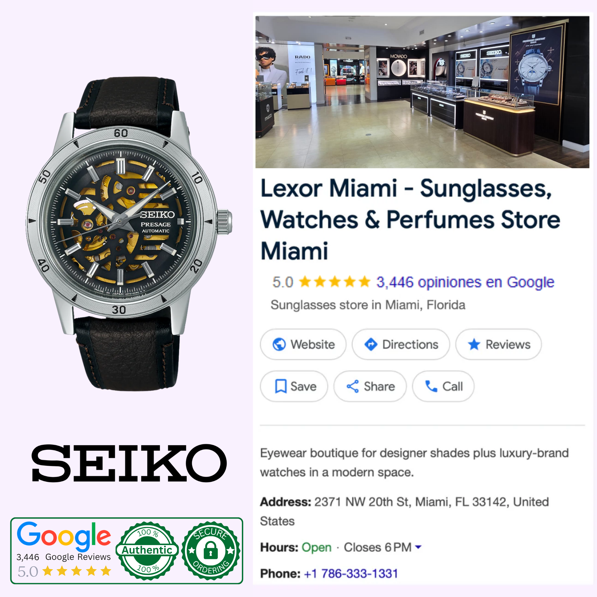 A Seiko Luxe Watches Presage Style60's SSA461 with an open-heart dial and black strap is displayed beside a Google listing for Lexor Miami, a store for sunglasses, watches, and perfumes with 5-star reviews and verification badges.