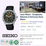 A Seiko Luxe Watches Presage Style60's SSA461 with an open-heart dial and black strap is displayed beside a Google listing for Lexor Miami, a store for sunglasses, watches, and perfumes with 5-star reviews and verification badges.