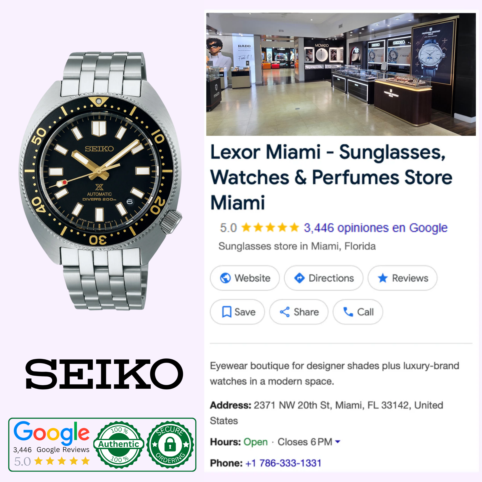 A Seiko Luxe Watches PROSPEX AUTOMATIC DIVER'S WATCH SPB315 is displayed next to a 5-star Google listing for Lexor Miami, a sunglasses and watches store known for trusted service with verified reviews, hours, photos, and authenticity logos.
