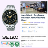 A Seiko Luxe Watches PROSPEX AUTOMATIC DIVER'S WATCH SPB315 is displayed next to a 5-star Google listing for Lexor Miami, a sunglasses and watches store known for trusted service with verified reviews, hours, photos, and authenticity logos.