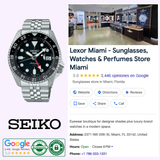 A Seiko Watches SSK001 5 SKX Sports Style wristwatch is shown next to a Google review for Lexor Miami, a 5-star Miami store offering sunglasses, watches, and perfumes. Badges for Seiko Watches and the review are also displayed.