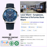 A Frederique Constant Classics Runabout Automatic FC-303RMLN5B6 Limited Edition watch is shown beside a Google listing for Lexor Miami - Sunglasses, Watches & Perfumes Store with store details, 5-star rating, contact info, and authenticity badges.