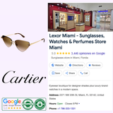 Image of Cartier Sunglasses CORE RANGE CT0399S-002 62 with the Cartier logo, shown next to Lexor Miami’s Google Maps listing featuring a 5-star rating, store photos, address, contact info, and certification badges.