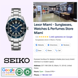 A Seiko Luxe Watches Prospex U.S. Special Edition SPB421 is shown beside a Google business listing for Lexor Miami, a store offering sunglasses, watches, and perfumes with a 5-star rating and certification badges.