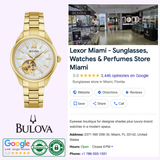 Bulova 97L172 DMDIAL L Y BR MP AUTO wristwatch by Bulova Watches with a mother-of-pearl dial on the left, next to a Google listing for Lexor Miami - Sunglasses, Watches & Perfumes Store featuring images, ratings, address, hours, contact info, and badges on the right.