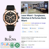 A Bulova 98B104 Marine Star Black Silicone Strap men’s watch by Bulova Watches appears next to a Google business profile for Lexor Miami – Sunglasses, Watches & Perfumes Store, with images, rating, address, and contact details.